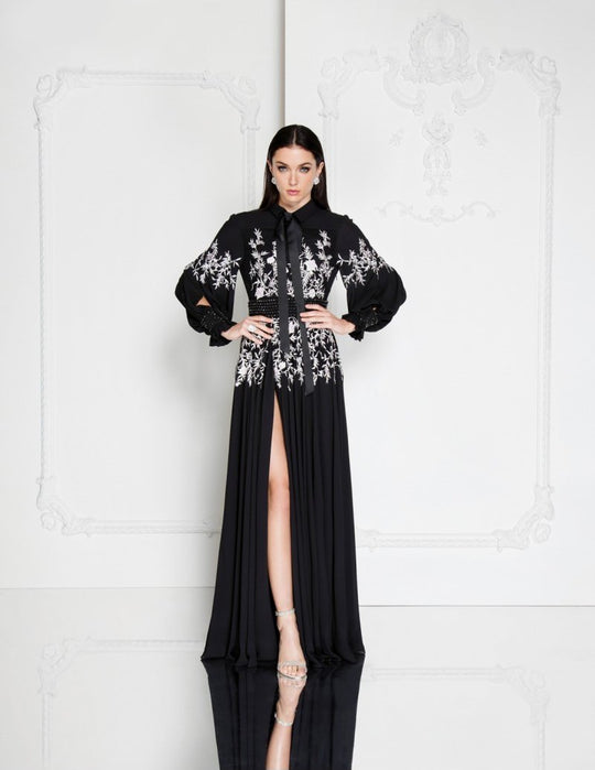 Terani Couture - 1812E6323 Collared Neck Embellished Gown In Black