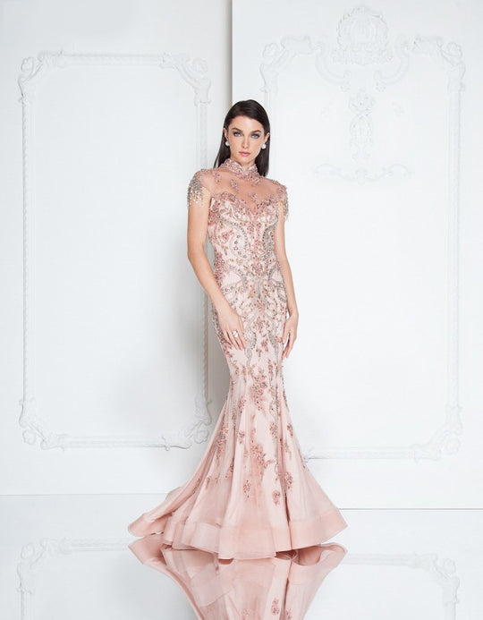 Terani Couture - 1812GL6493 Sheer Cap Sleeves Beaded Gown In Pink
