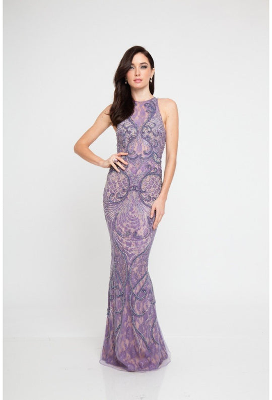 Terani Couture - 1812GL6497 Beaded Lace Illusion Halter Sheath Dress In Purple