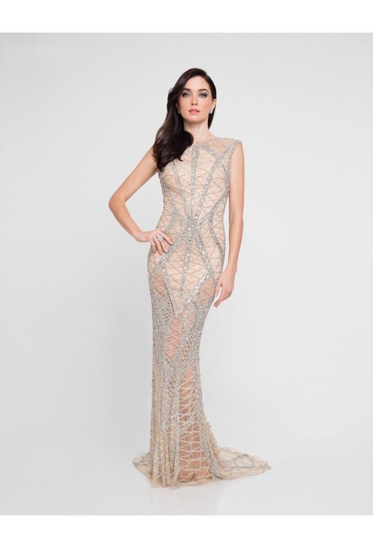 Terani Couture - 1812GL6499 Beaded Illusion Jewel Sheath Dress In Silver and Neutral