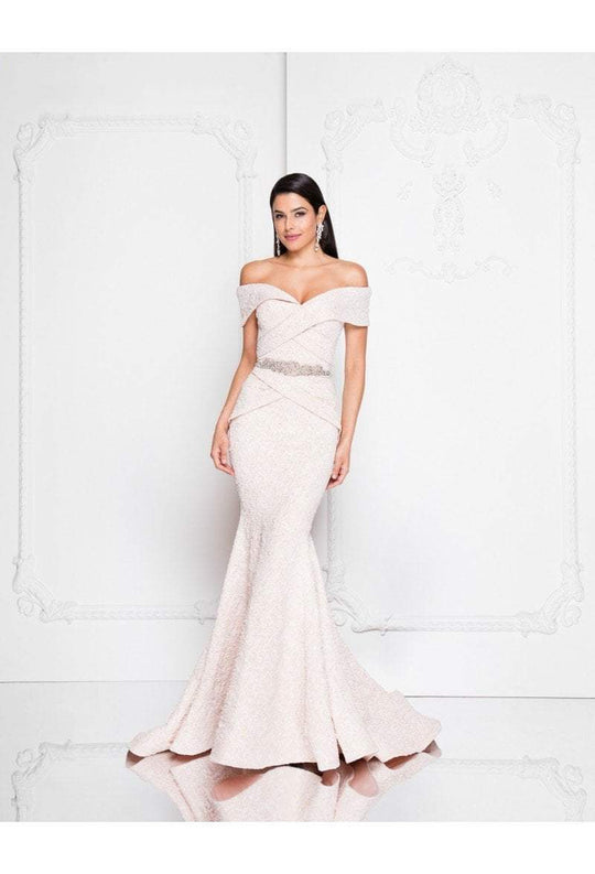 Terani Couture - 1812M6657 Off-Shoulder Brocade Gown In Pink