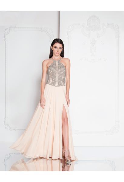 Terani Couture - 1812P5379 Beaded Halter Chiffon A-line Dress In Nude