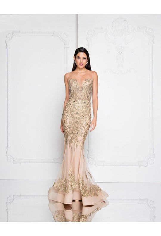 Terani Couture - 1812P5382 Embellished Illusion Bateau Trumpet Dress In Silver and Neutral