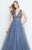 Terani Couture - 1812P5419 Strapless V Neck Crystal Studded Tulle Gown In Gray and Blue