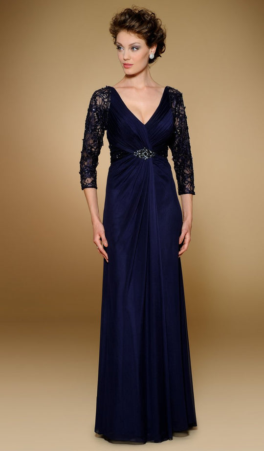 Rina Di Montella - RD1813 Pleated Surplice Bodice Chiffon Gown in Blue