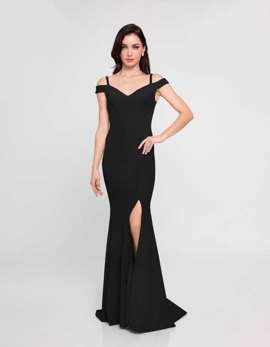 Terani Couture - 1813B5185 Sculpted Off Shoulder High Slit Sheath Gown In Black