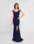 Terani Couture - 1813B5185 Sculpted Off Shoulder High Slit Sheath Gown In Blue