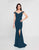 Terani Couture - 1813B5185 Sculpted Off Shoulder High Slit Sheath Gown In Blue and Green
