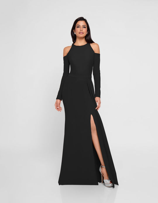 Terani Couture - 1813B5187 Long Sleeve Cutaway Shoulder Sheath Gown In Black