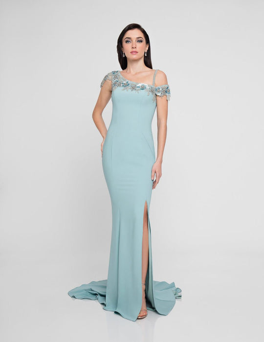 Terani Couture - 1813E6341 Beaded Asymmetric Neck Sheath Gown In Blue