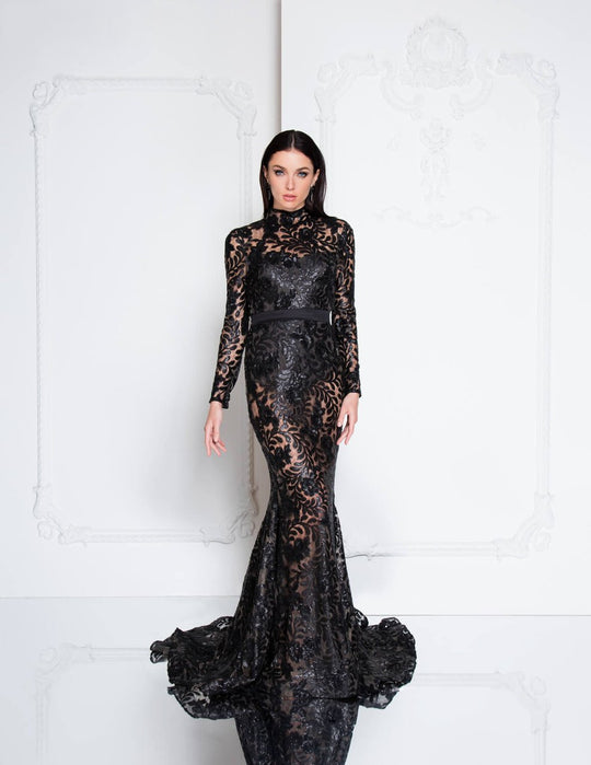 Terani Couture - 1813E6346 High Neck Bodysuit Illusion Gown In Black and Neutral