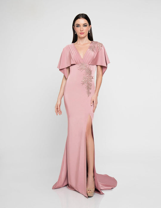 Terani Couture - 1813E6348 Caplet Sleeves Beaded Sheath Gown In Pink