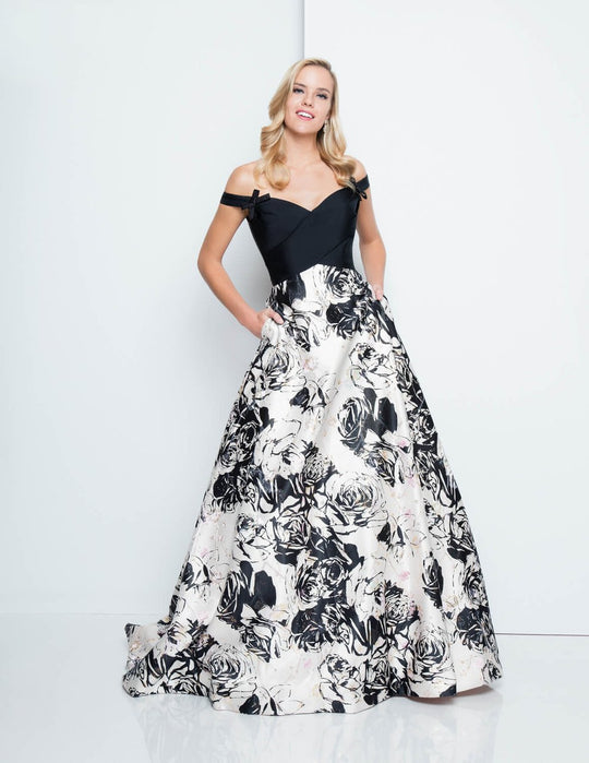 Terani Couture - 1813E6355 Off-Shoulder Floral Ballgown In Black and Multi-Color