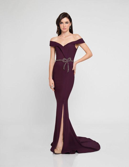 Terani Couture - 1813E6385 Off-Shoulder Embellished Sheath Gown In Purple