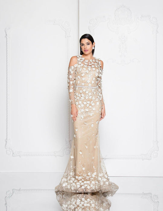 Terani Couture - 1813E6727 Cold Shoulder Floral Applique Gown In Silver and Neutral