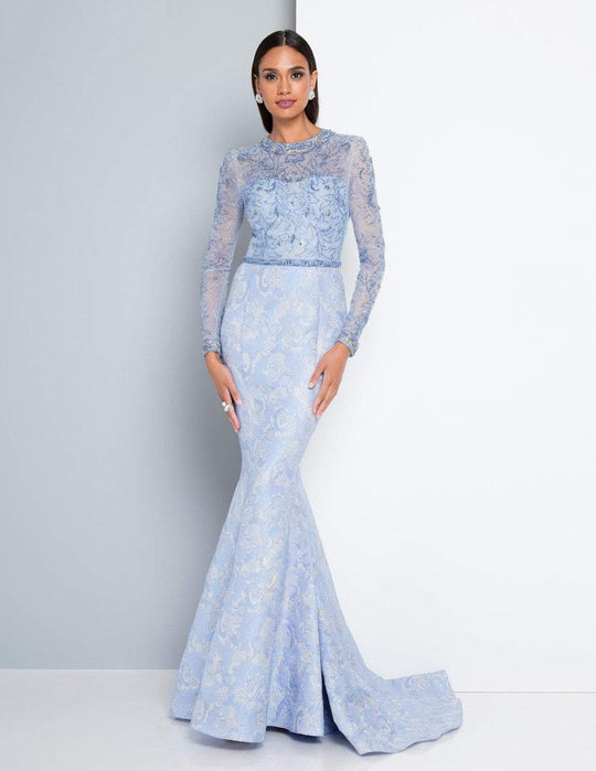 Terani Couture - 1813M6701X Long Sleeve Brocade Trumpet Gown In Blue