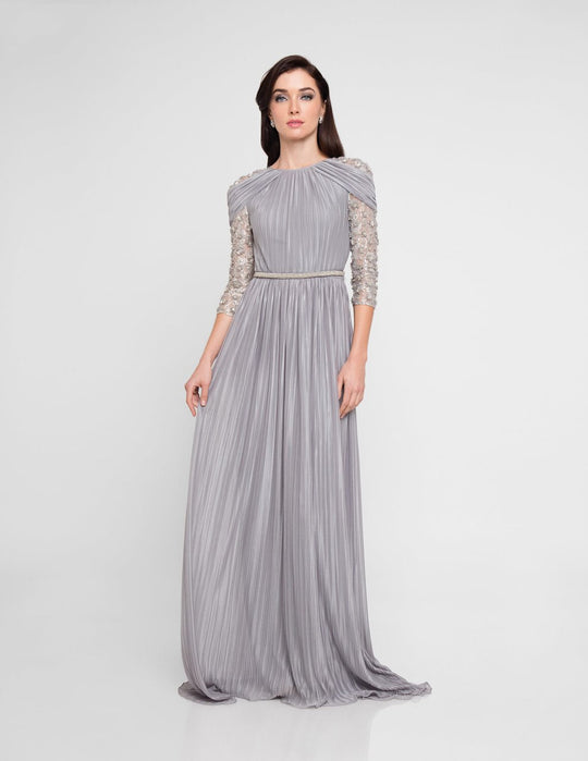 Terani Couture - 1813M6709 Quarter Sleeve Pleated Evening Dress In Gray