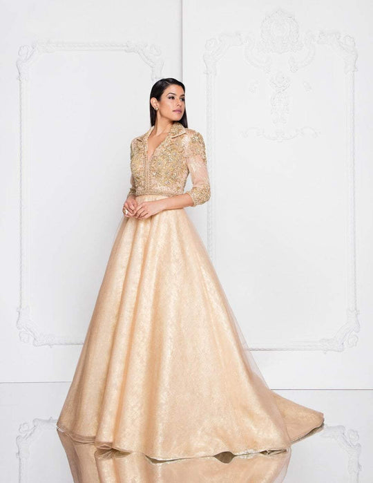 Terani Couture - 1813M6715X Collared V-Neckline Ballgown In Neutral and Gold