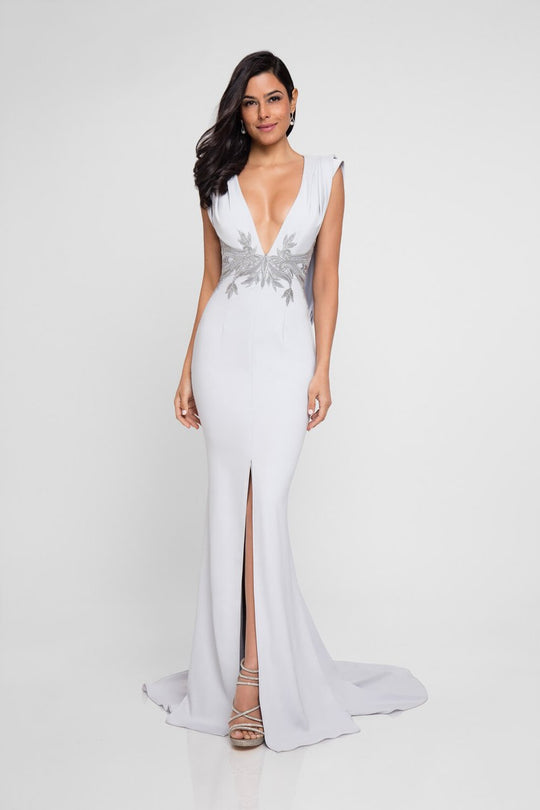 Terani Couture - 1813M6726 Cowl Back Plunging Evening Gown In Silver