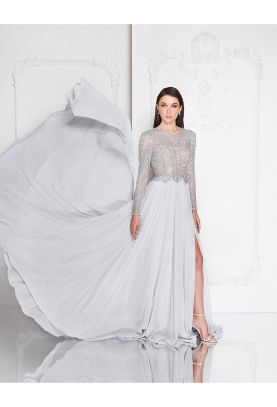 Terani Couture - 1813M6703 Shimmering Long Sleeve Evening Gown In Silver
