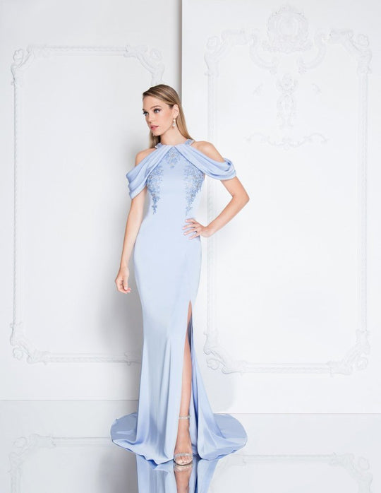 Terani Couture - 1813M6713 Pleated Off the Shoulder Evening Dress In Blue