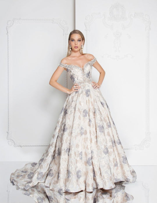Terani Couture - 1813M6718 Off the Shoulder Textured A-Line Gown In Neutral and Multi-Color
