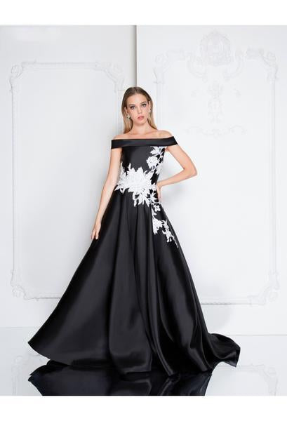 Terani Couture - 1813P5073 Floral Embroidered Mikado Ballgown In Black and White