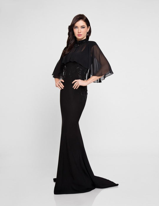Terani Couture - 1815E6803 Cap Sleeve Beaded Long Dress with Cape In Black