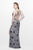 Primavera Couture - Shimmering Floral Printed V Neck Strappy Long Gown 1820 in Silver and Black