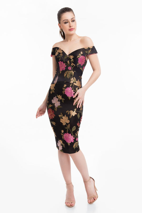 Terani Couture - 1821C7007 Fitted Off-Shoulder Knee Length Dress in Black and Multi-Color