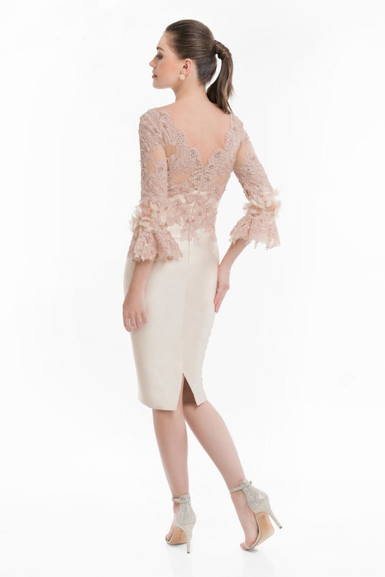 Terani Couture - 1821C7016 Floral Ornate Beaded Lace Sheath Dress in Neutral