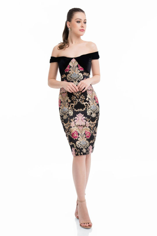 Terani Couture - 1821C7021 Off-Shoulder Velvet Knee Length Dress in Black and Multi-Color