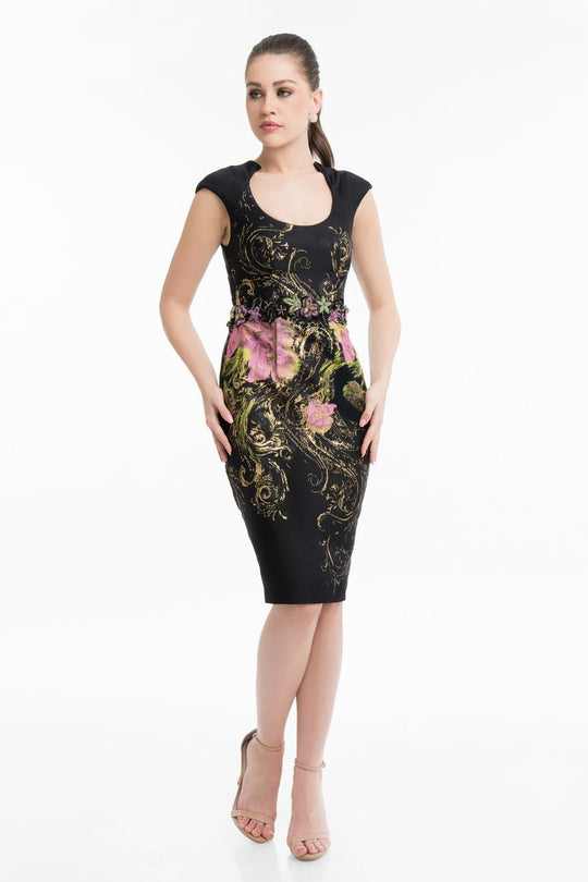 Terani Couture - 1821C7025 Floral Fitted Cap Sleeves Cocktail Dress in Black and Pink