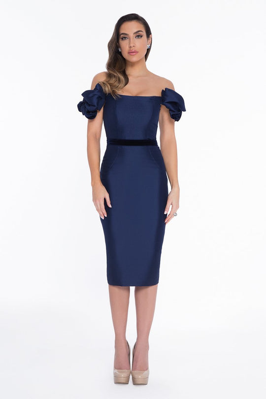 Terani Couture - 1821C7941 Fitted Off-Shoulder Puffed Sleeves Dress in Blue