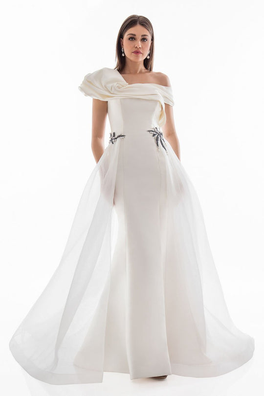 Terani Couture - 1821E7100 Dramatic Off Shoulder Sheer Overskirt Gown in White