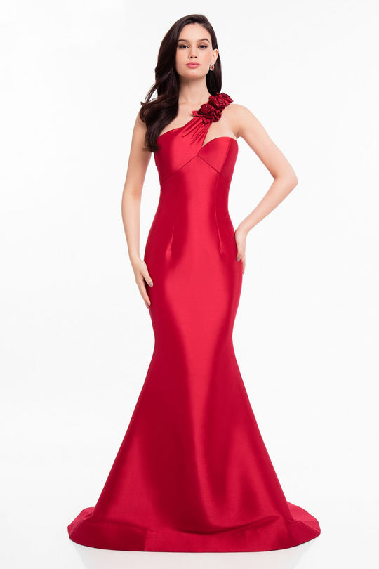 Terani Couture - 1821E7106 Velvet Rose Accented Mikado Long Gown in Red