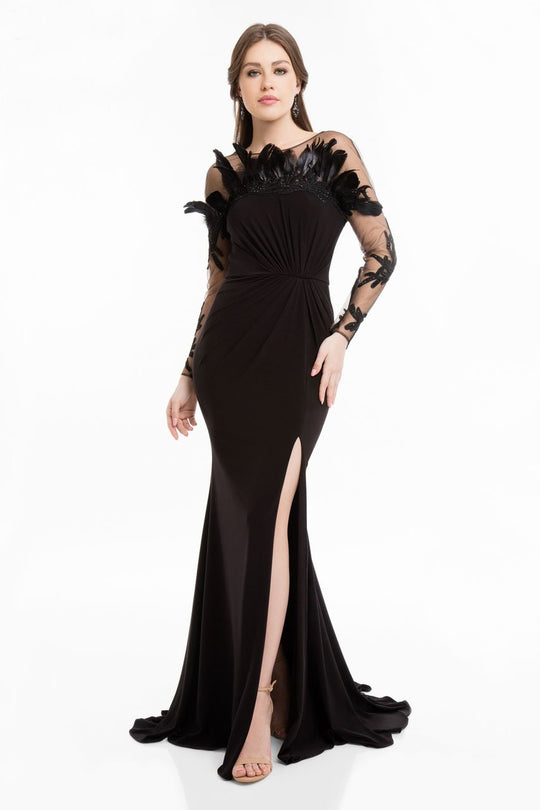 Terani Couture - 1821E7108 Feathered Fitted Evening Gown with Slit in Black