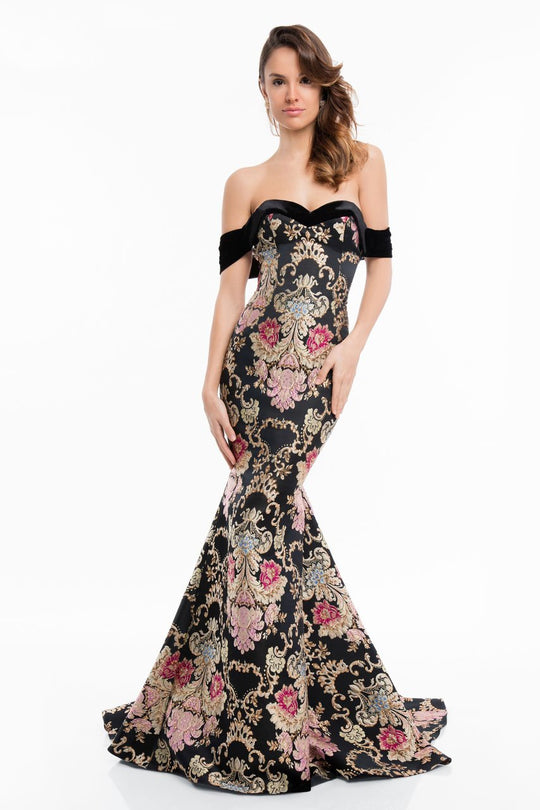 Terani Couture - 1821E7114 Off Shoulder Velvet Fitted Mermaid Gown in Black and Multi-Color
