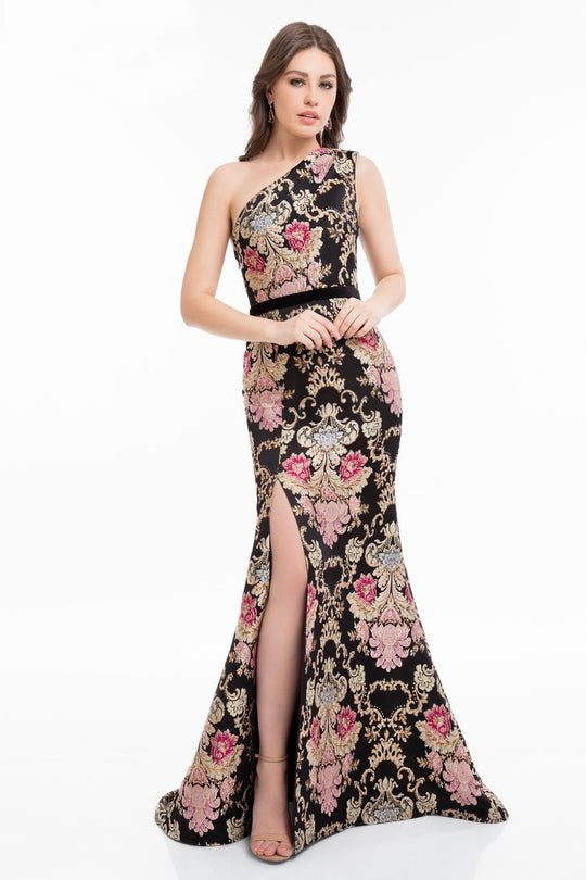 Terani Couture - 1821E7115 Asymmetrical Tapestry Gown with Slit in Black and Multi-Color