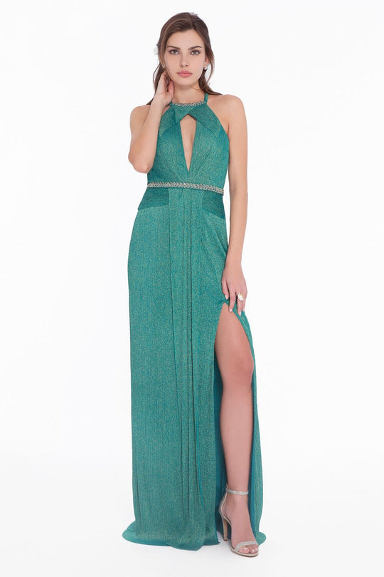 Terani Couture - 1821E7119 Pleated Metallic Knit Plunging Cutout Gown  in Green