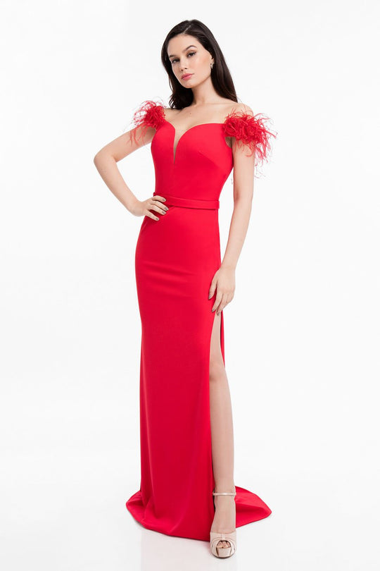 Terani Couture - 1821E7103 Feathered Off-Shoulder Fitted Dress in Red
