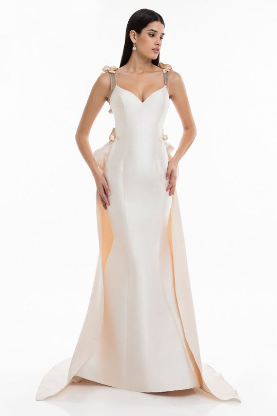 Terani Couture - 1821E7122 Split Tail Floral Appliqued Mermaid Gown in Neutral and White