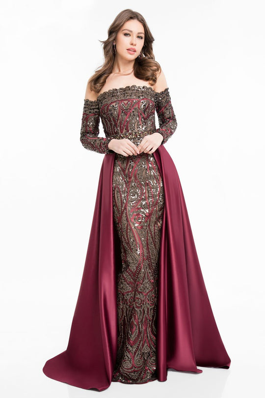 Terani Couture - 1821E7128 Sequin Ornate Embroidered Off Shoulder Gown in Red and Black