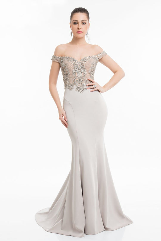 Terani Couture - 1821E7130 Two-Toned Embroidered Bodice Mermaid Gown in Gray