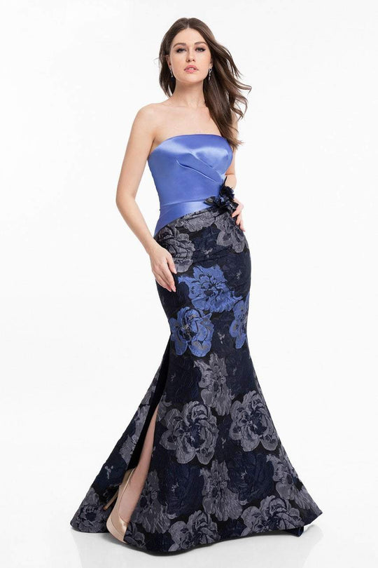 Terani Couture - 1821E7136 Floral Strapless Mermaid Gown with Slit in Blue and Silver