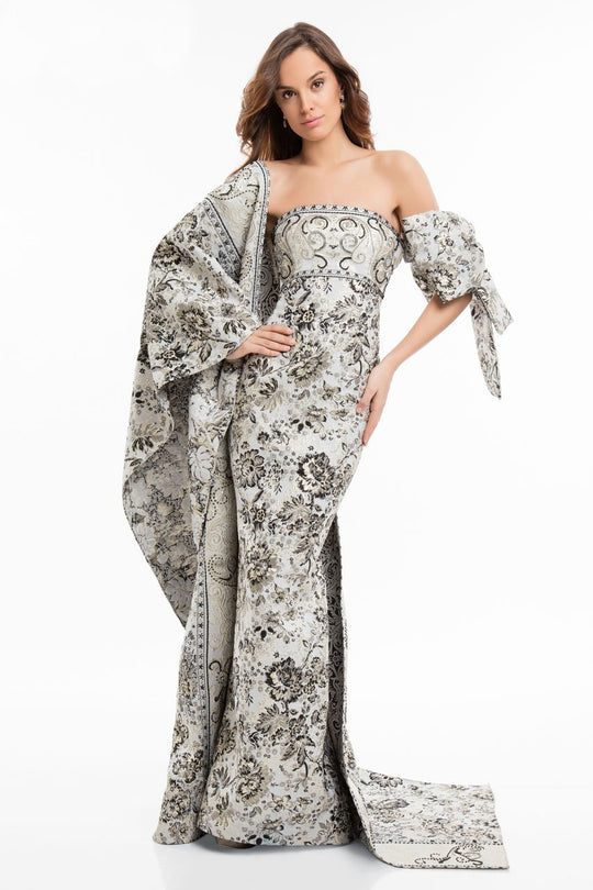 Terani Couture - 1821E7143 Two Toned Gown with Bow and Shawl in Gray