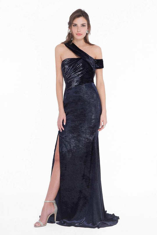 Terani Couture - 1821E7149 Asymmetrical Fitted Gown with Slit in Blue