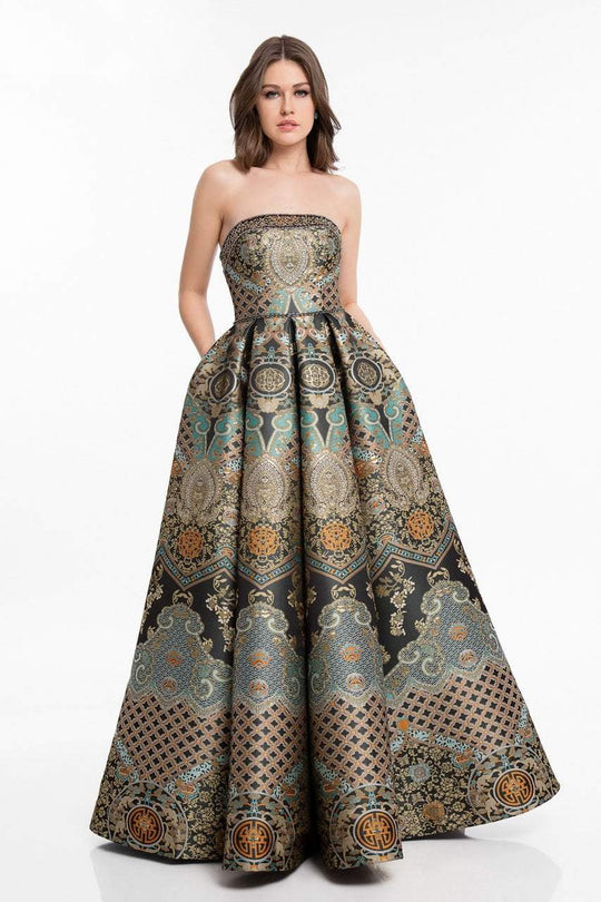 Terani Couture - 1821E7163 Strapless Fitted Pleated Ballgown in Black and Gold