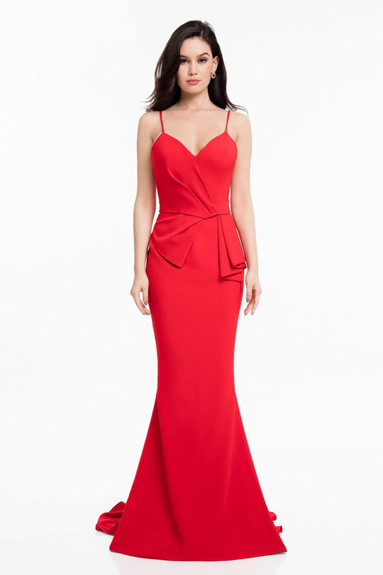 Terani Couture - 1821E7166 Matte Stretch Gown with Back Draped Tail in Red