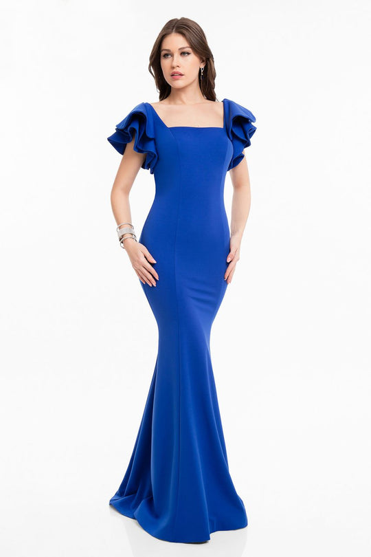 Terani Couture - 1821E7102 Ruffled Shoulder Open Back Long Evening Gown in Blue